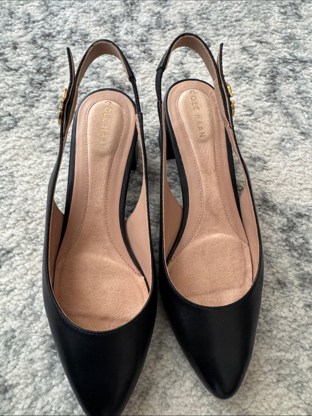 Cole Haan Black Leather Slingback Pumps with Gold Buckle